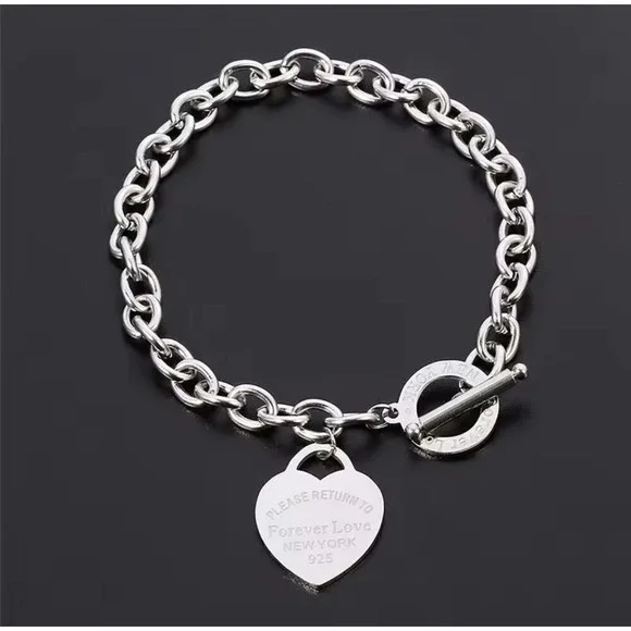 Forever Love New York 925 Sterling Silver Heart Tag Chain‎ Bracelet Toggle Clasp